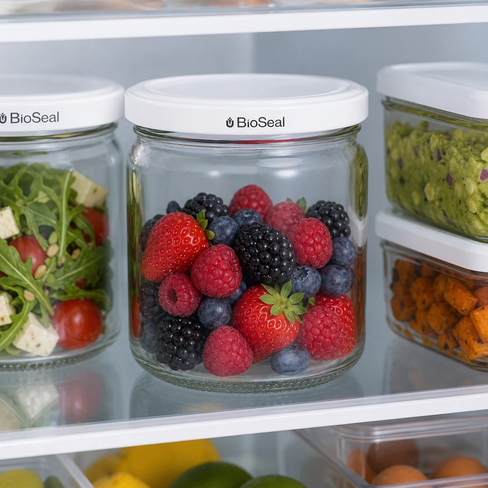 408ml Verre rond avec couvercle BioSeal blanc UNiTWIST UNiTWIST Runda408 dans le réfrigérateur rempli de baies fraîches - conservation optimale des fruits avec le couvercle BioSeal