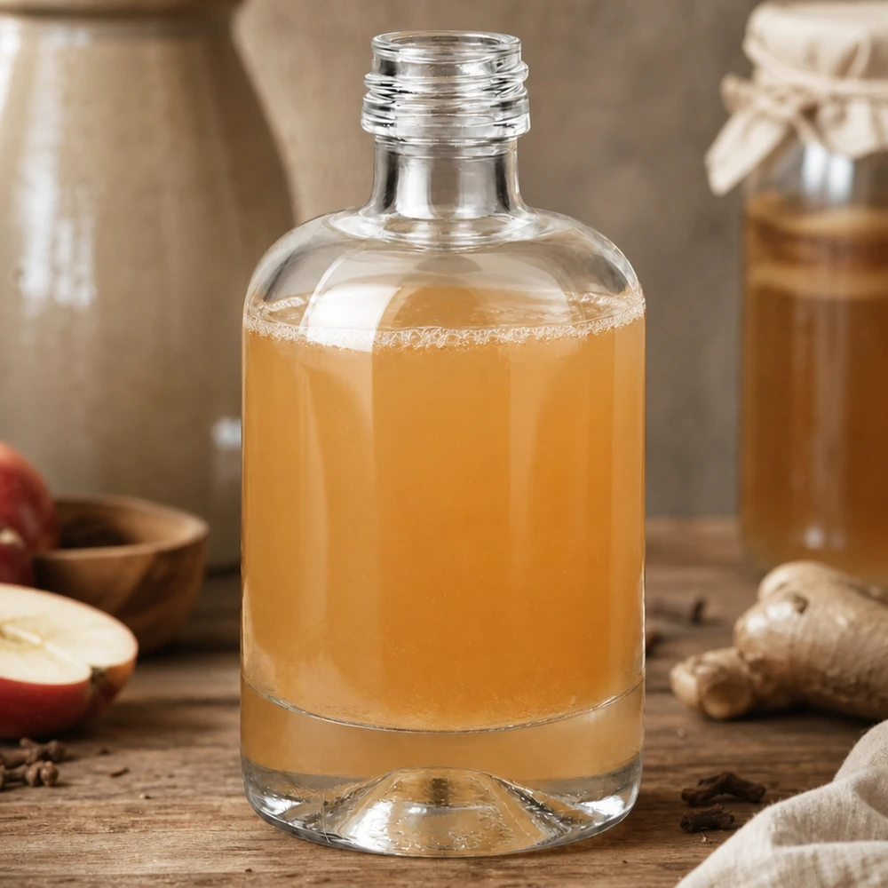 Flacon en verre 40 ml « Sara » sans bouchon à vis UNiTWIST® Bouteille en verre Sara de 40 ml au contenu ambré dans une ambiance rustique avec des épices et des fruits sans bouchon