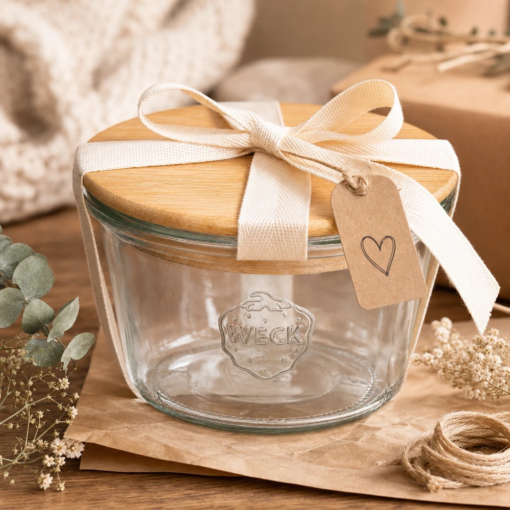 370ml bocal conique WECK RR100 avec couvercle en bois WECK Pot renversé RR100 avec couvercle en bois emballé comme cadeau avec un ruban couleur crème et un pendentif en forme de cœur