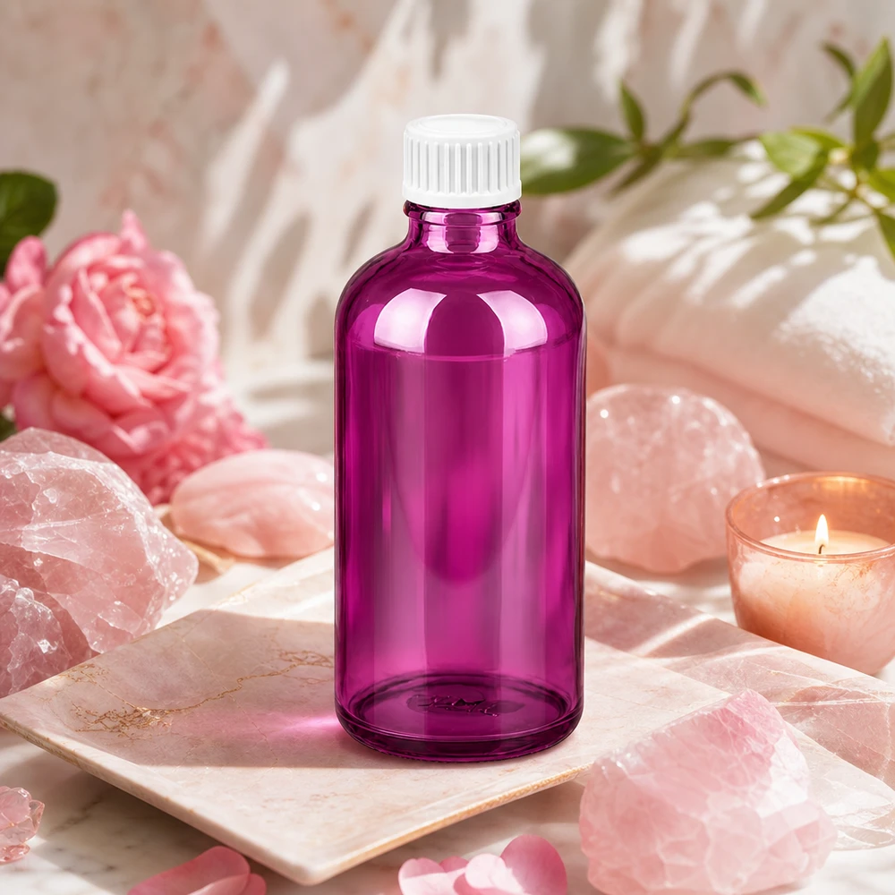 Flacon 100ml (globules) 3mm bague de coulée blanche standard PurpleLine. UT18/100 Bouteille compacte en verre violet de 100ml idéale pour les cosmétiques de voyage et les tailles d'essai