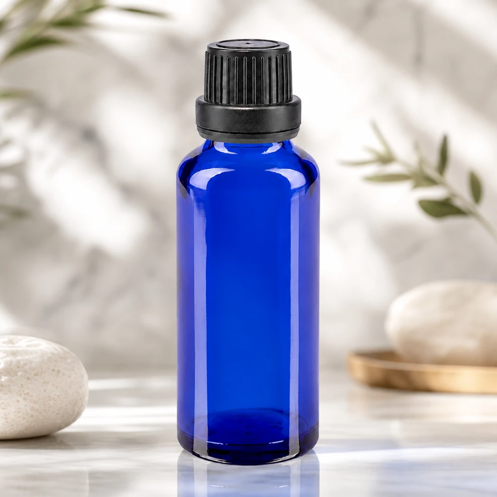 Flacon de pharmacie bleu 30ml bouchon vissable noir bouchon inviolabilité Flacon en verre vide de 30 ml, bleu royal, avec bouchon de 11 mm, idéal pour le conditionnement de teintures et de sérums