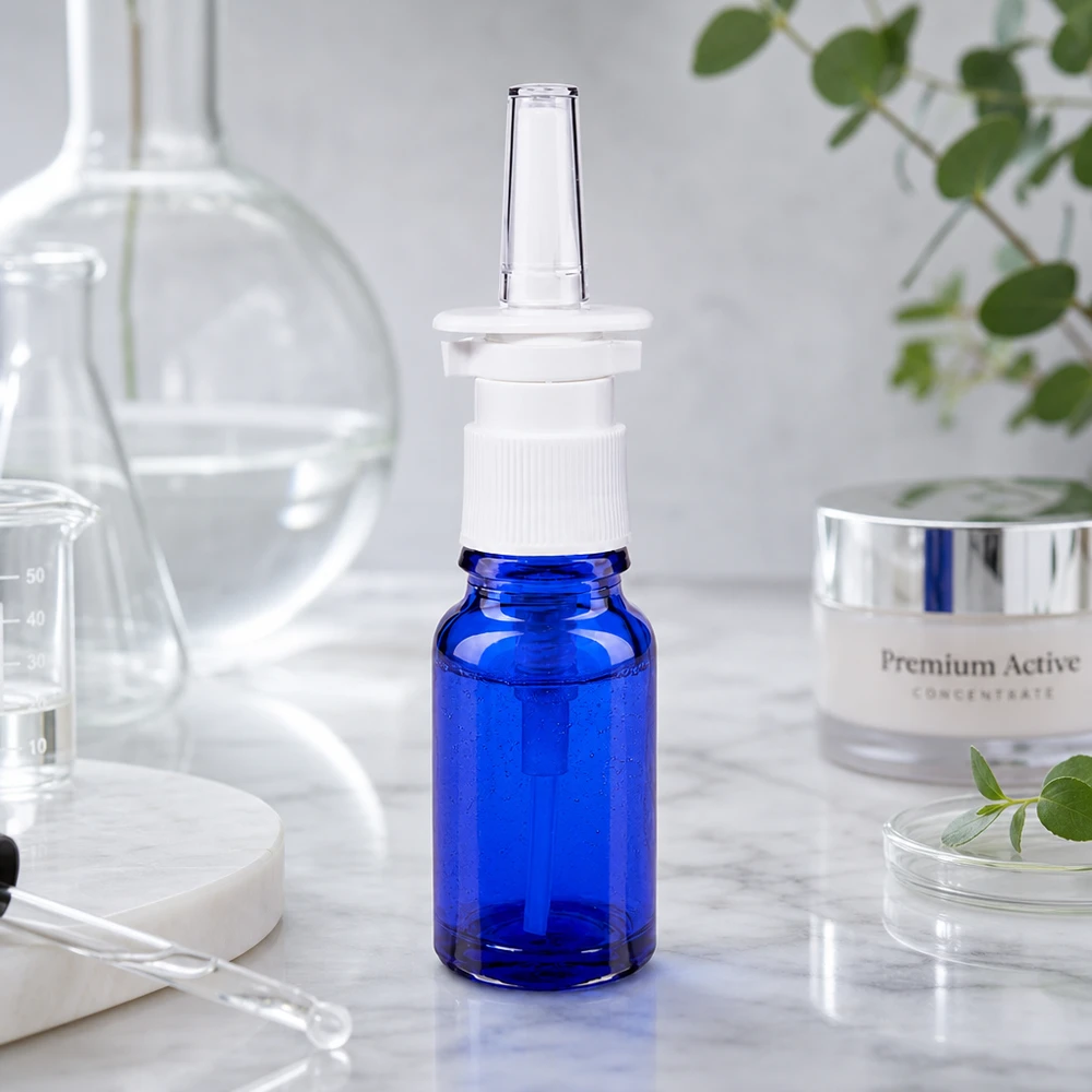 Flacon en verre à usage pharmaceutique de 10 ml muni d'un applicateur de spray nasal, dans un environnement de laboratoire moderne