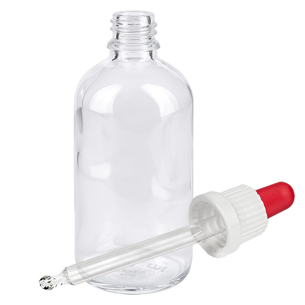 Flacon à pipette 100ml blanc/rouge OV ClearLine UT18/100 Flacon à pipette ClearLine de 100 ml avec pipette compte-gouttes et boule en caoutchouc rouge, blanc UT18