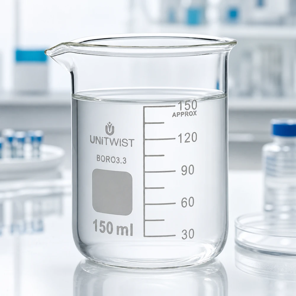Bécher 150ml borosilicate, forme basse UNiTwist Bécher de 150 ml UNiTwist en borosilicate 3.3 posé sur un plan de travail de laboratoire blanc, avec des tubes à essai
