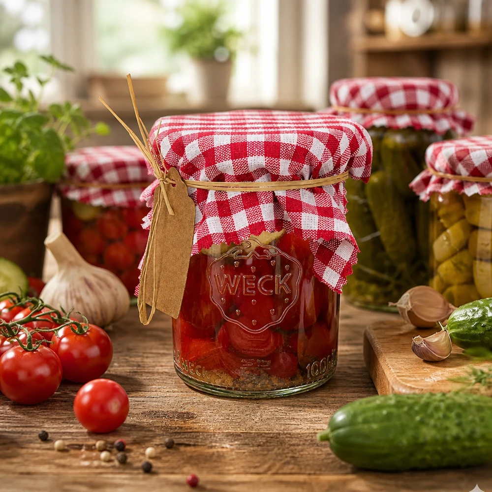 Bocal à conserves avec couvercle décoratif à carreaux bordeaux 12cm entre tomates et concombres frais dans une cuisine rustique