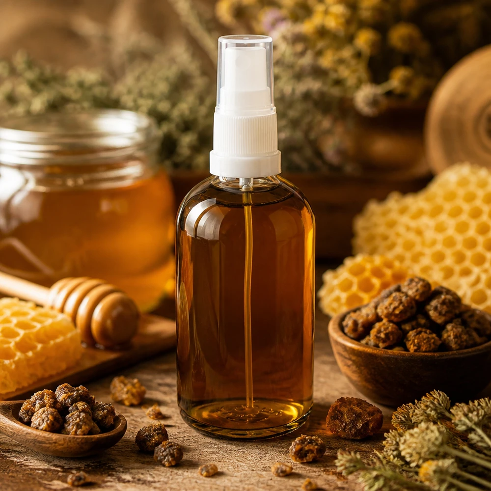 Flacon pulvérisateur ambré de 100 ml avec motif miel et rayons de miel – emballage cosmétique naturel ClearLine