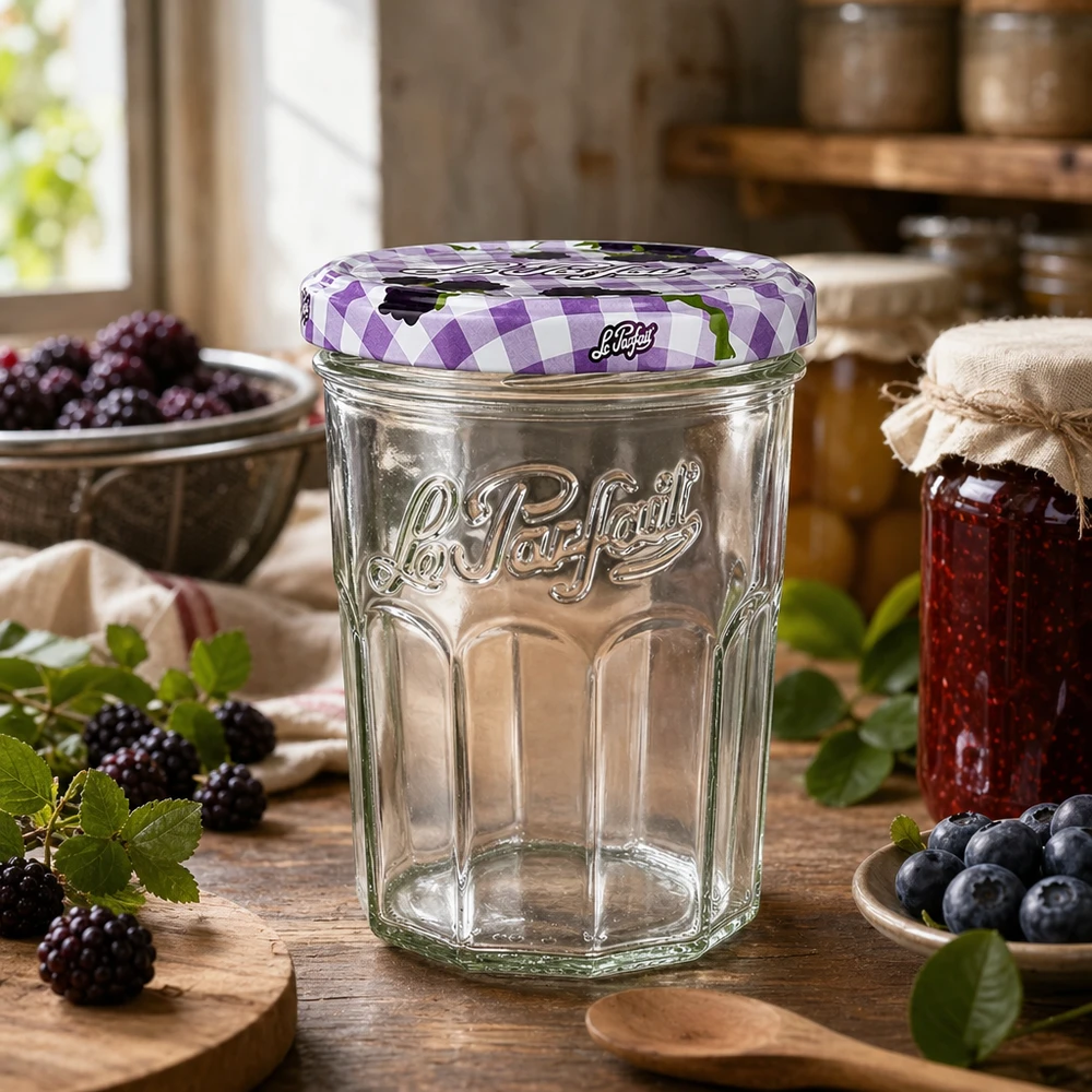 Le Parfait® Jam 385 ml Ø82 mm pot confiture Le Parfait Verre renversé 385ml dans une cuisine rustique décorée de baies fraîches et de confiture maison