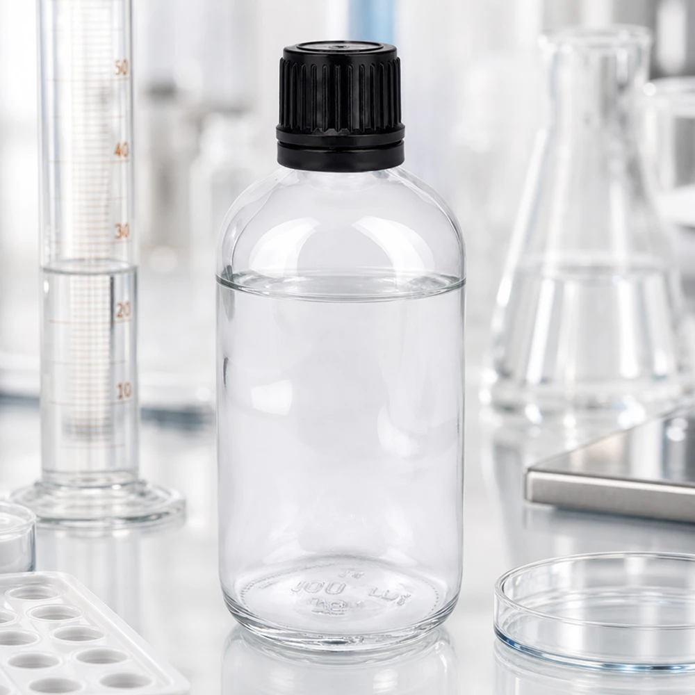 100ml (globule)Flas. 8mm GR s. STD ClearL. UT18/100 Flacon de laboratoire transparent de 100 ml avec flacon à globules de 8 mm et bouchon en plastique noir
