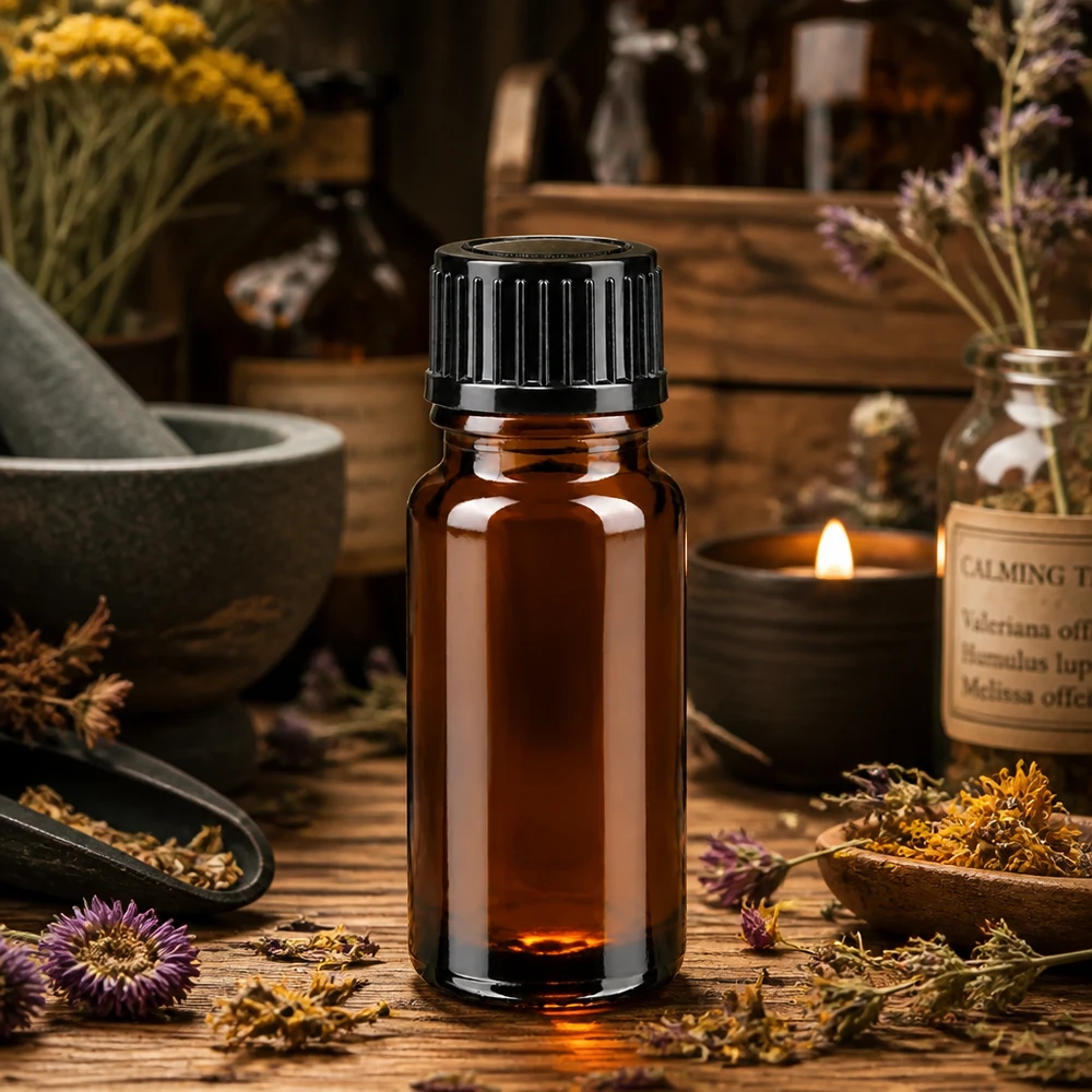 Petit flacon de 10 ml en verre ApoGlas brun, muni d'un bouchon compte-gouttes STD et entouré d'herbes médicinales séchées