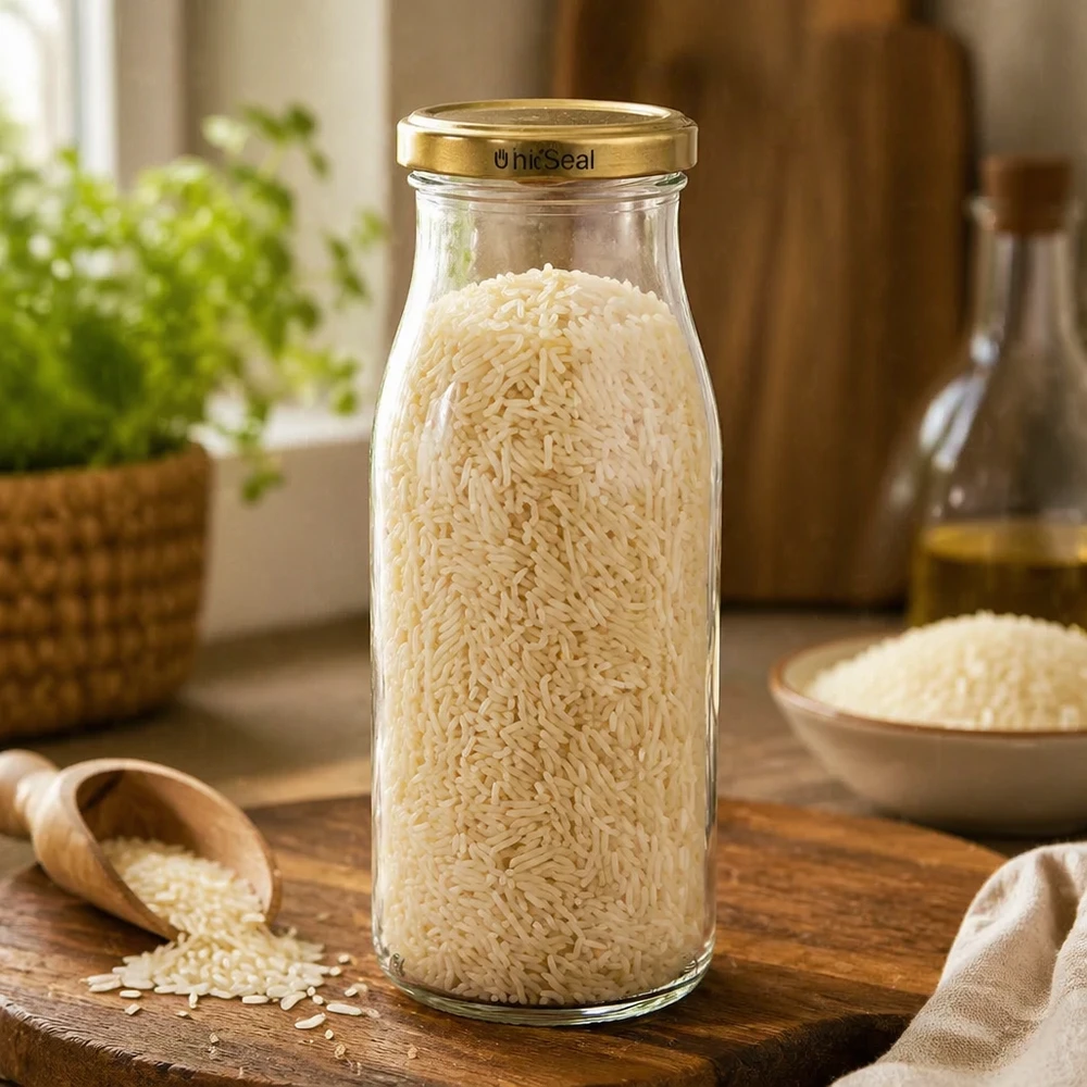 150ml Bouteille avec couvercle BioSeal or UNiTWIST UNiTWIST Bouteille en verre 150ml remplie de riz couvercle TO43 BioSeal doré Pelle à provisions cuisine en bois