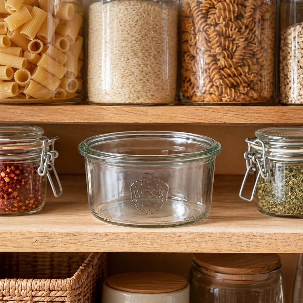 WECK Pot renversé 165ml RR80 dans Pantry avec pâtes et épices - boîte de conservation en verre pour la cuisine et le ménage
