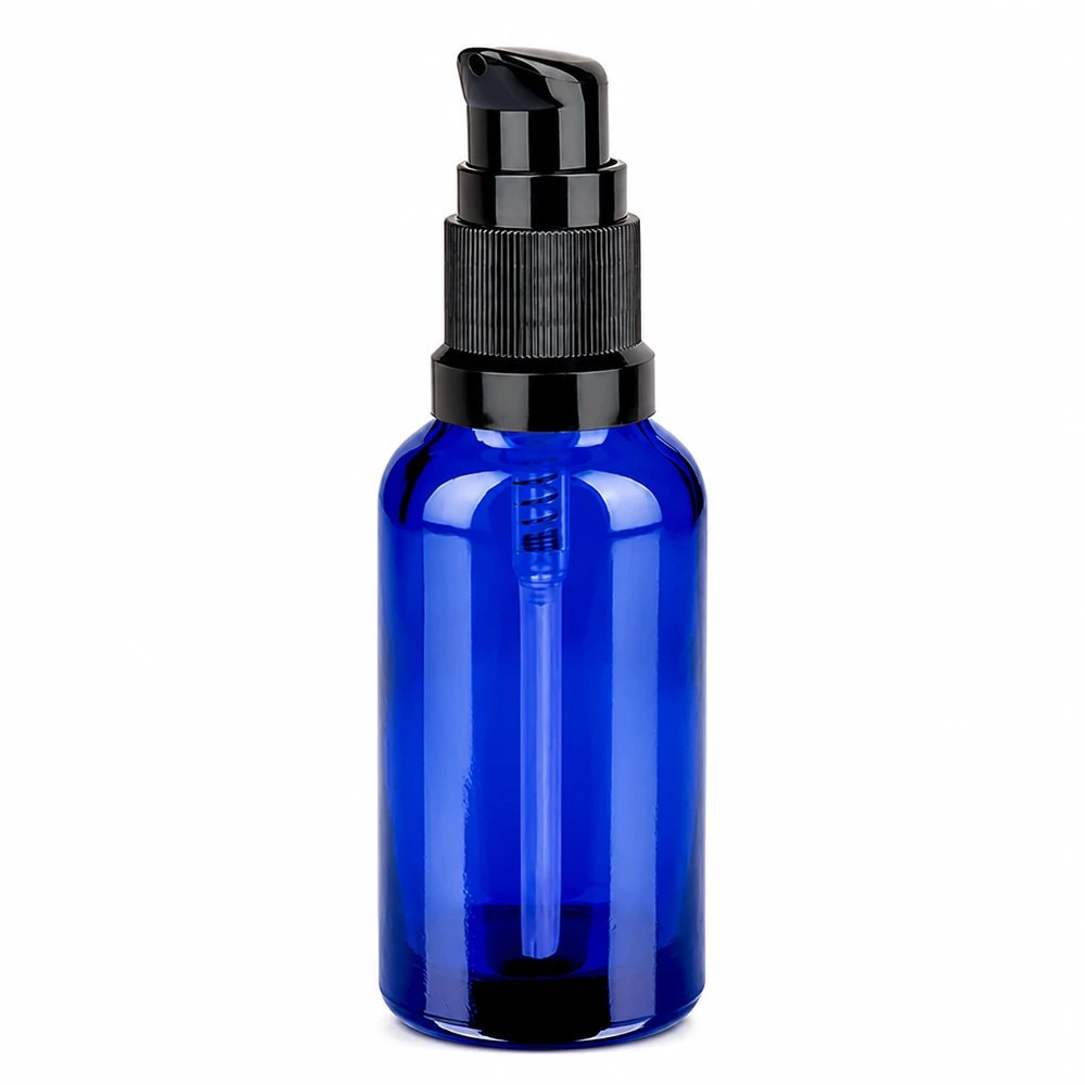 30ml flacon pompe noir STD BlueLine UT18/30 Petit flacon en verre bleu de 30 ml avec embout de pompe noir professionnel UT18/30
