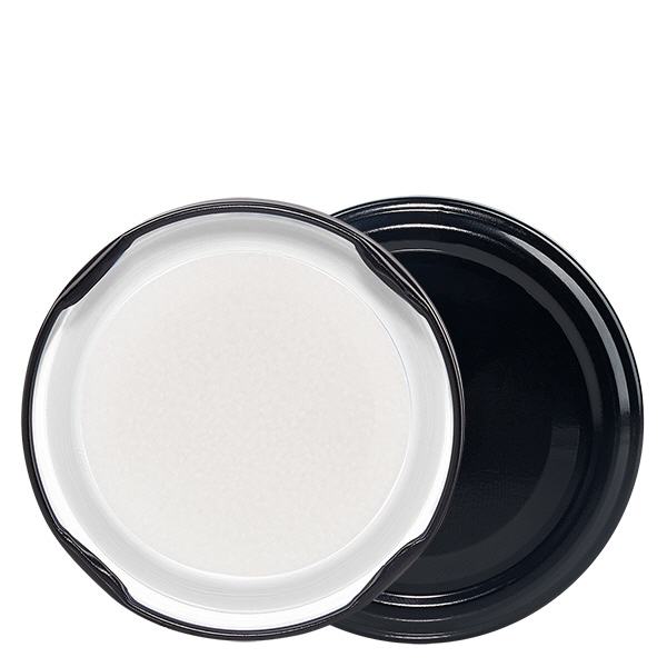 63mm Bouchon BioSeal noir (TO63) UNiTWIST Deux couvercles UNiTWIST TO63 à ouverture par rotation, noirs, disposés en éventail, côté joint visible, sans BPA
