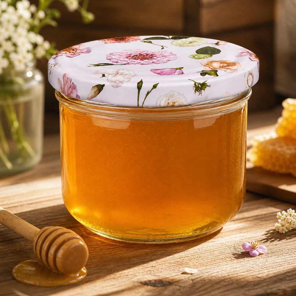 Verres de 260 ml + couvercle BasicSeal fleur rose UNiTWIST Pot en verre 260ml avec couvercle rose rempli de miel à côté de la cuillère à miel - conservation décorative de friandises sucrées