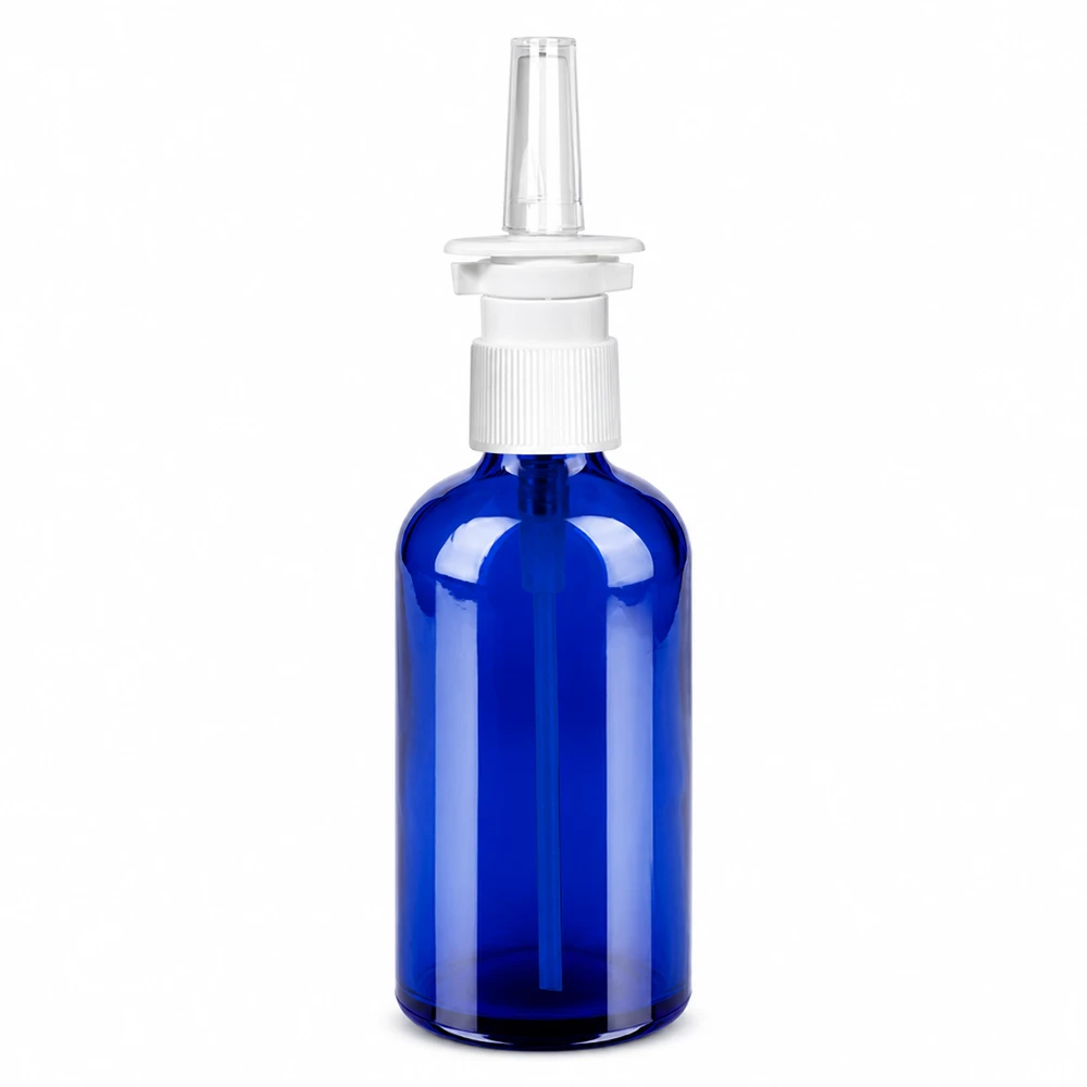 100ml flacon vaporisateur nasal blanc/tr. STD BlueLine UT18/100 Bouteille de spray nasal bleue de 100 ml en verre avec embout pulvérisateur blanc pour usage médical