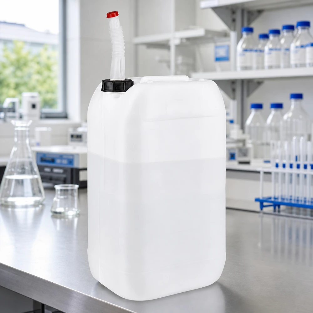 Bidon de 15 litres adapté au contact alimentaire, équipé d'un bec verseur flexible, posé sur une paillasse de laboratoire en acier inoxydable