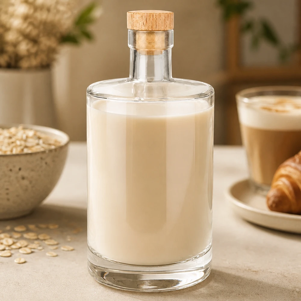 Bouteille en verre 700 ml « Marie » avec bouchon en bois UNiTWIST® Bouteille en verre Marie de 700 ml contenant du lait d'avoine crémeux et un bouchon en bois à côté de flocons d'avoine et d'une tasse de café