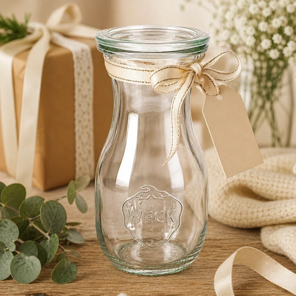WECK Bouteille de jus 290ml RR60 comme idée de cadeau décorée avec un ruban et un pendentif à côté de la boîte cadeau et des fleurs