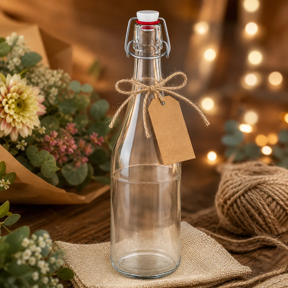 Bouteille en verre de 750 ml + bouchon mécanique en PVC UNiTWIST Bouteille en verre 750ml Bouchon à étrier PVC UNiTWIST Emballage cadeau Pendentif en papier raphia décoration rustique