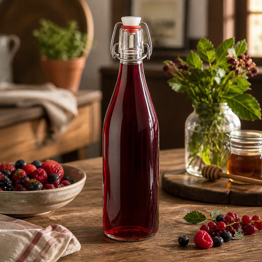 Bouteille en verre de 500 ml + bouchon mécanique en porcelaine UN.. Bouteille en verre de 500 ml avec bouchon à étrier contenant du jus de baies rouges sur une table en bois à côté de baies fraîches et de miel dans la cuisine