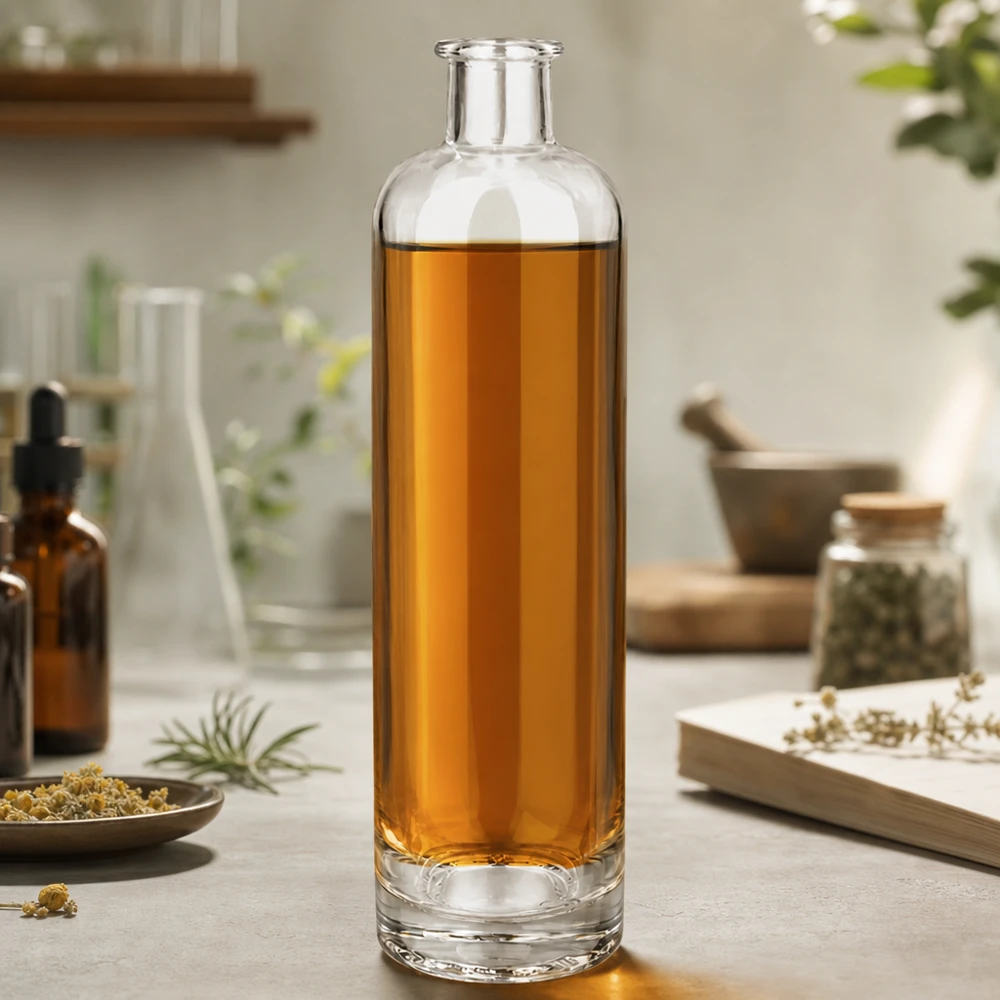 Bouteille en verre 500 ml « Ella » sans bouchon UNiTWIST® Bouteille en verre de 500 ml Ella UNiTWIST remplie d'infusion de camomille entourée d'herbes et de produits naturels Scène de style de vie