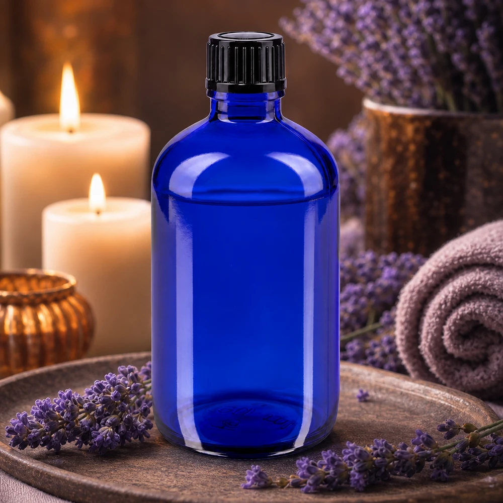 Flacon de pharmacie bleu 100ml bouchon compte-gouttes 1mm noir Std Flacon en verre bleu haut de gamme de 100 ml avec bouchon noir, entre des fleurs de lavande et des bougies