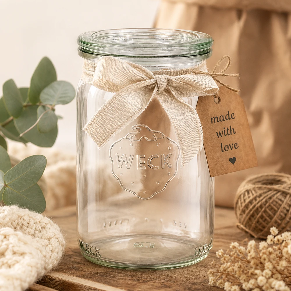 WECK 145ml verre cylindrique RR40 arrangé de manière décorative avec un ruban de jute et un pendentif Made with Love dans une atmosphère chaleureuse