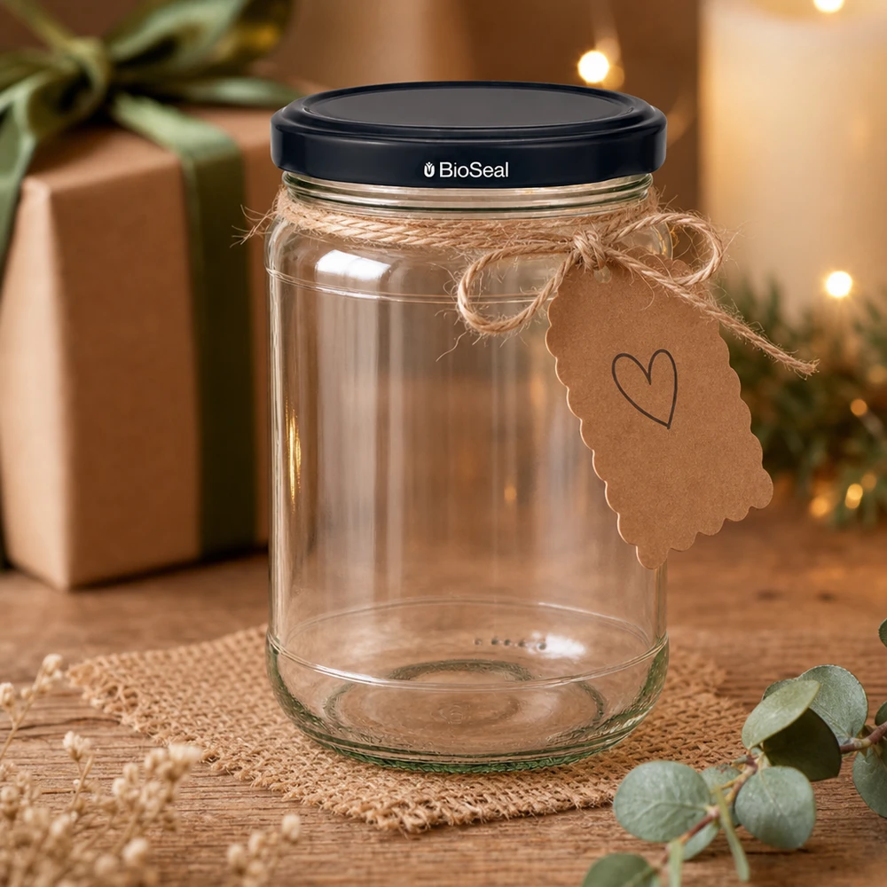 305ml Verre rond avec couvercle BioSeal noir UNiTWIST Pot à conserves décoratif UNiTWIST Runda305 avec étiquette cadeau et couvercle BioSeal noir dans une atmosphère chaleureuse
