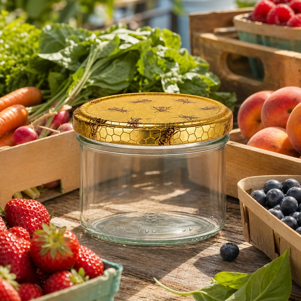 Pot de miel de 300g vide avec couvercle en nid d'abeille parmi des fruits et légumes frais sur un étal de marché comme pot de stockage