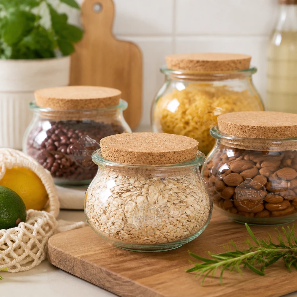 560ml bocal décoratif WECK RR80 avec bouchon nature WECK Pot à bijoux 560ml RR80 avec couvercle en liège Set de conservation pour flocons d'avoine Noix Légumineuses Organisation de la cuisine