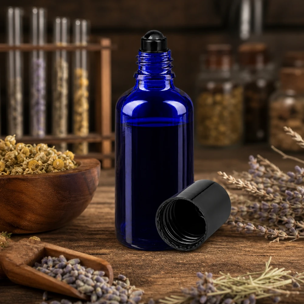 Flacon roll-on en verre d'apothicaire bleu de 50 ml avec bouchon dévissable, posé sur une table en bois rustique