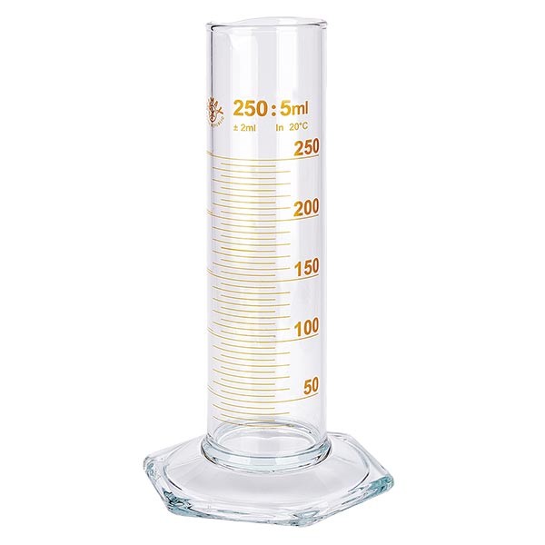 Éprouvette graduée de 250 ml, forme basse et graduations marron, ISO 4788 Éprouvette graduée de 250 ml, forme basse et graduations marron, ISO 4788