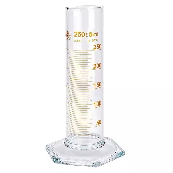 Éprouvette graduée de 250 ml, forme basse et graduations marron, ISO 4788 Éprouvette graduée de 250 ml, forme basse et graduations marron, ISO 4788