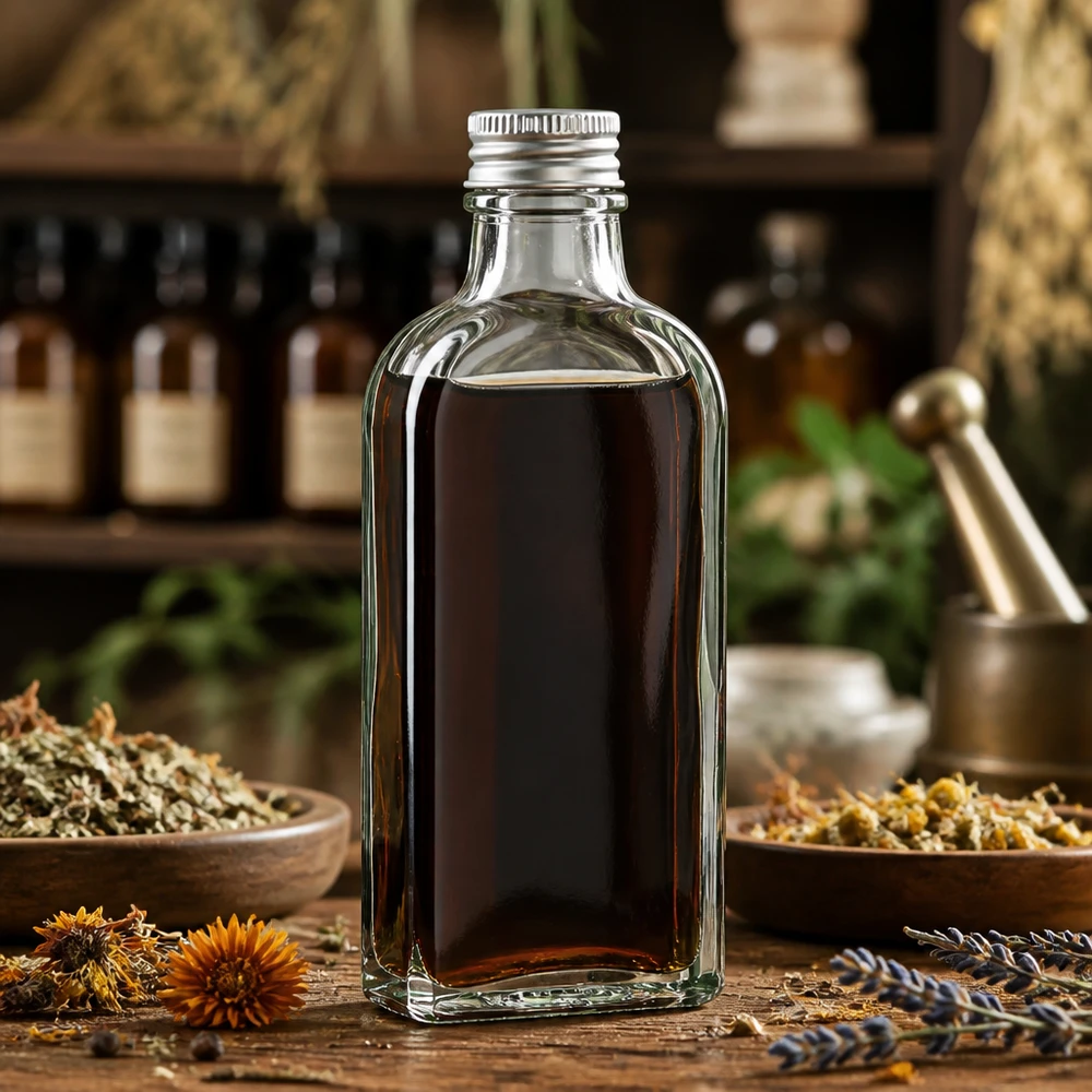 Flacon en verre plat transparent de 100 ml avec bouchon DIN22, destiné à la médecine naturelle et aux extraits de plantes