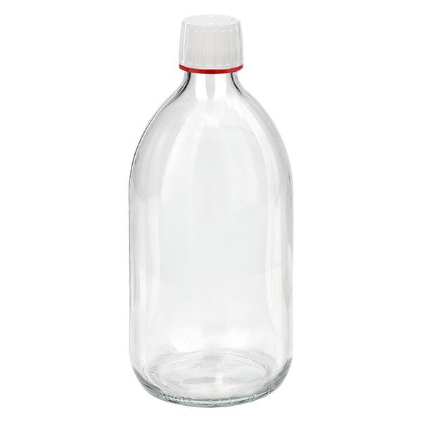 Bouteille médicale de 500ml claire, bouchon blanc avec bague d'inviolabilité rouge ApoGlas. Qualité pharmaceutique de fabrication UE. Filetage de 28mm (PP28). (Bouteille de sirop, bouteille en verre léger)