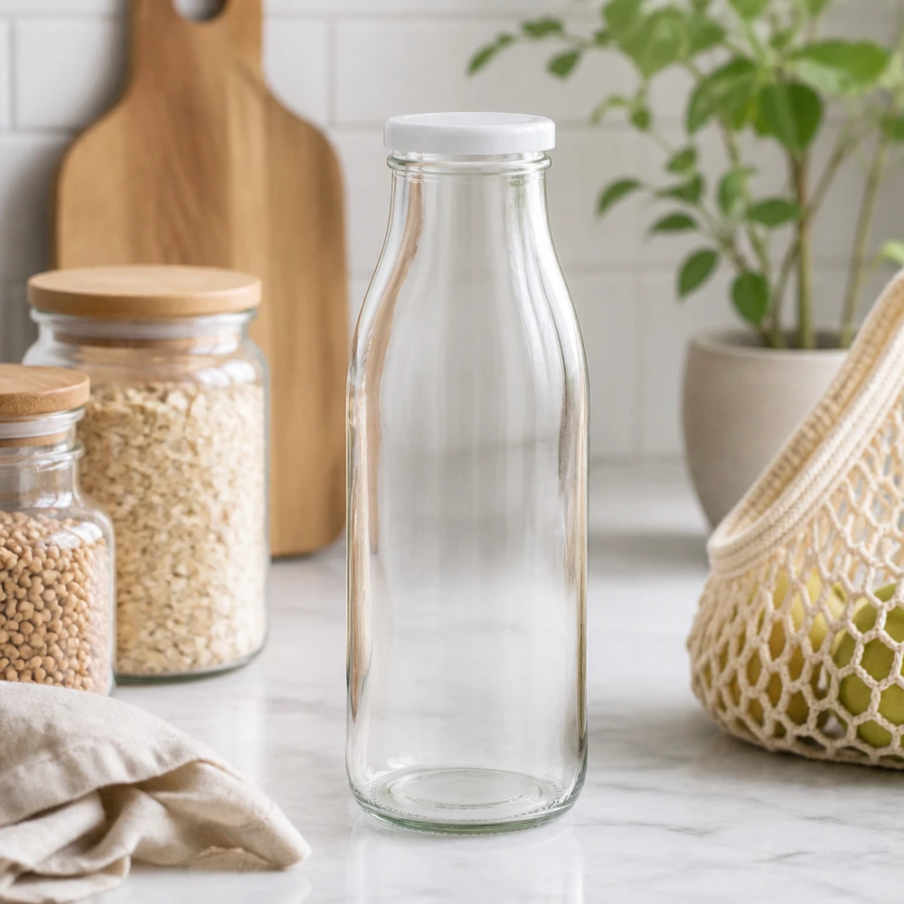 Bouteille en verre de 500ml vide dans un environnement de cuisine naturel avec des bocaux de stockage et des plantes Prise de vue lifestyle