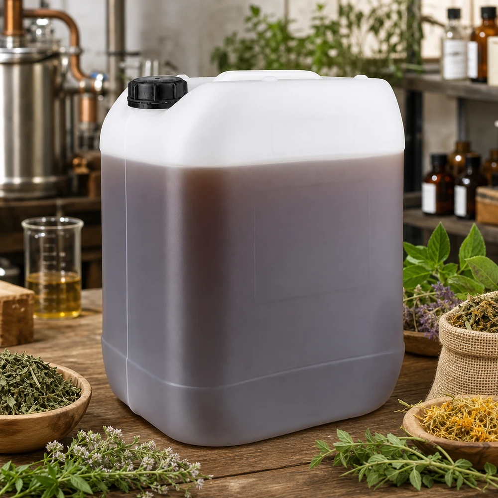 Jerrican de 20 litres avec bouchon à vis Grand récipient en plastique de 20 litres muni d'un bouchon OV, placé entre les herbes et l'alambic
