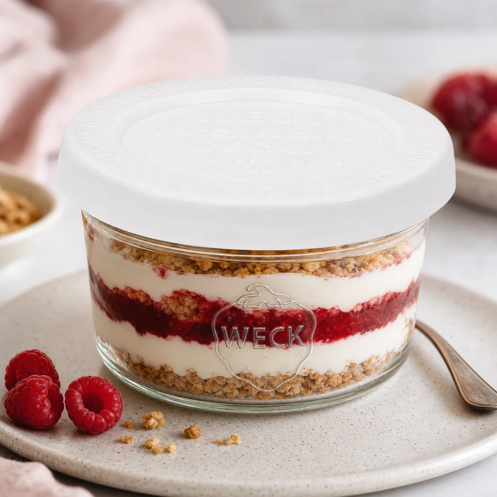 WECK Pot renversé de 50 ml RR60 avec dessert en couches et framboises comme variante de dessert sur plat de service blanc