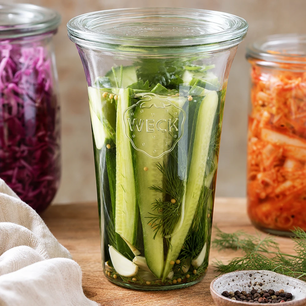WECK Quadro bocal 795ml avec cornichons marinés aneth et épices à faire fermenter à côté de bocaux colorés