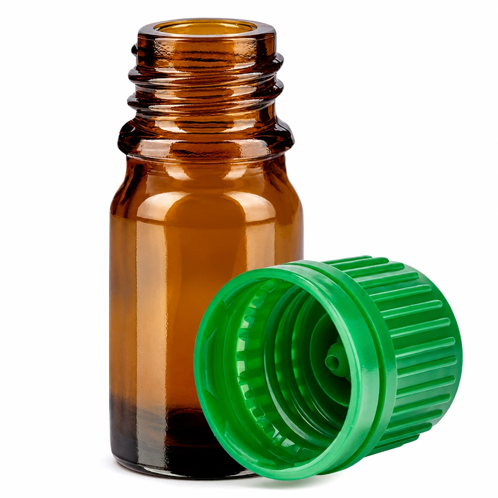 Flacon en verre brun de 5ml avec un pas de vis de 11mm et un bouchon vert pour un dosage précis