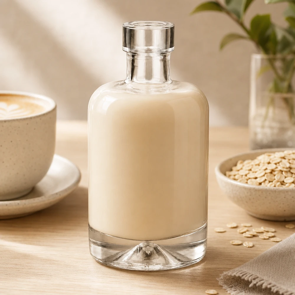 Flacon en verre 50 ml « 50ml Glasflasche "Amelie" ohne Verschluss UNiTWIST » sans bouchon UNiTWIST® 50ml Bouteille en verre Amelie remplie de lait d'avoine entouré de flocons d'avoine montre l'utilisation pour le lait alternatif à base de plantes