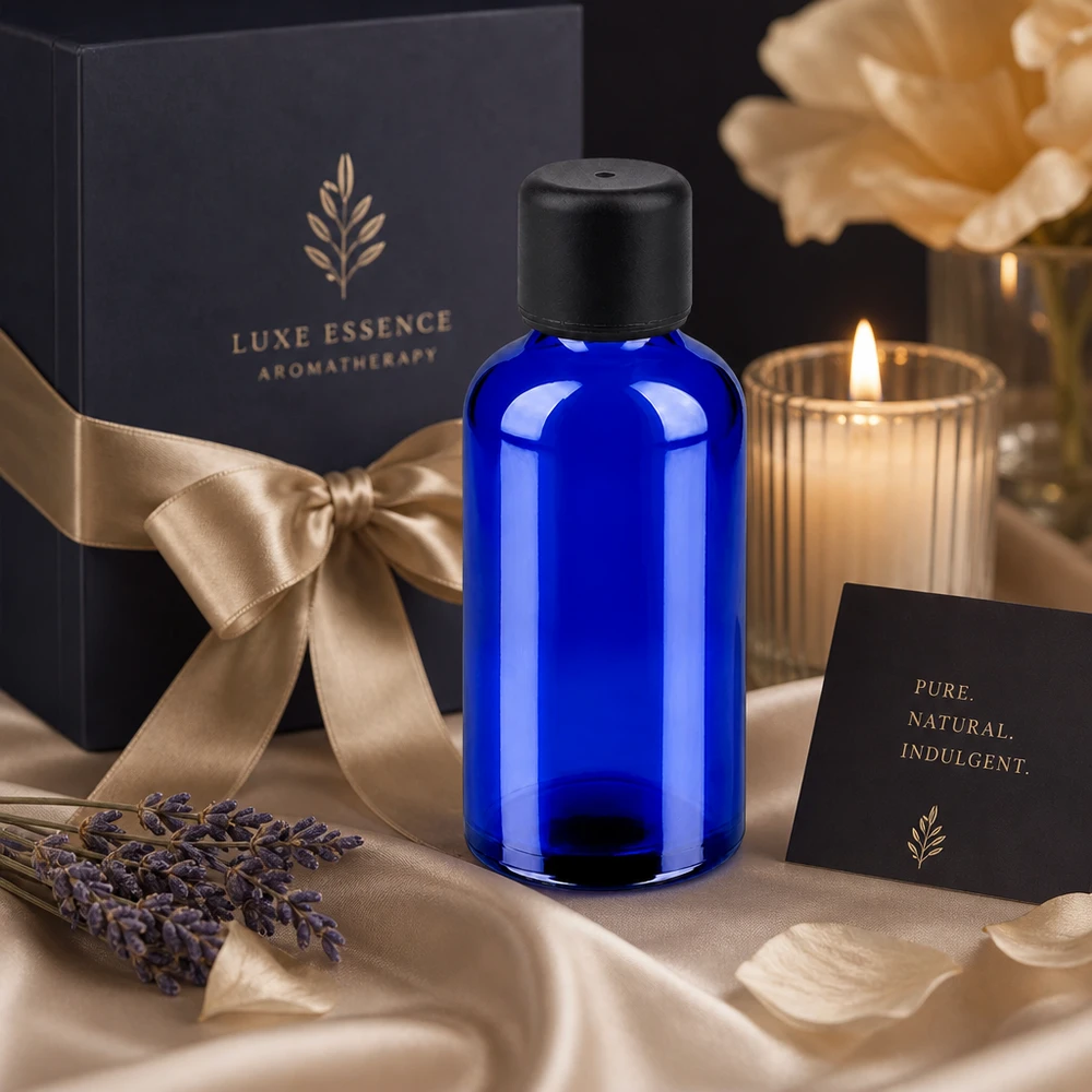 Flacon 50ml 6mm SV noir STD BlueLine UT18/50 Bouteille en verre bleu premium de 50ml avec un design qui protège de la lumière pour les huiles essentielles de haute qualité
