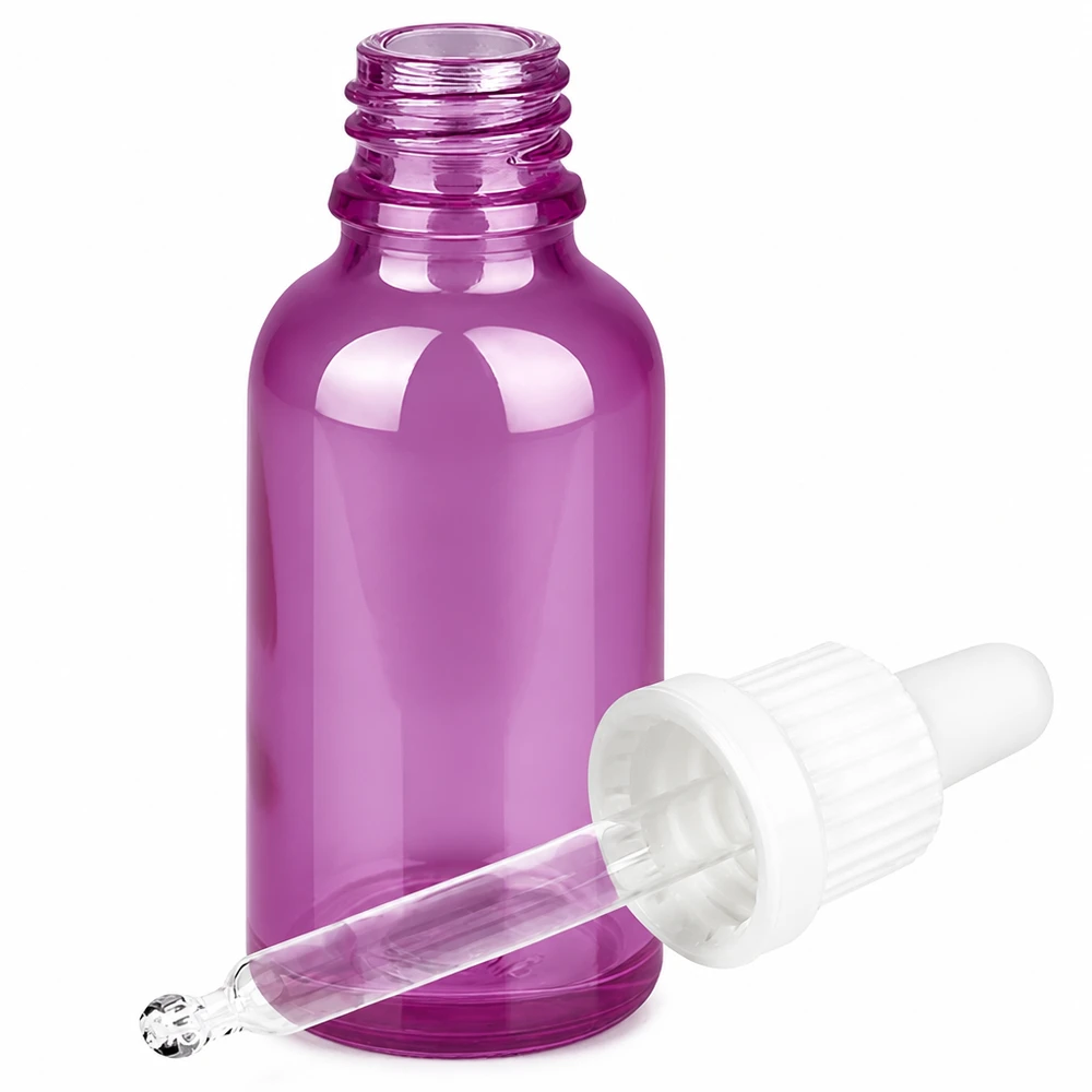 Flacon pipette 30ml blanc originalité bouchon à vis PurpleLine UT18/30 Flacon de pharmacie violet 30ml avec pipette compte-gouttes en verre pour sérums et teintures