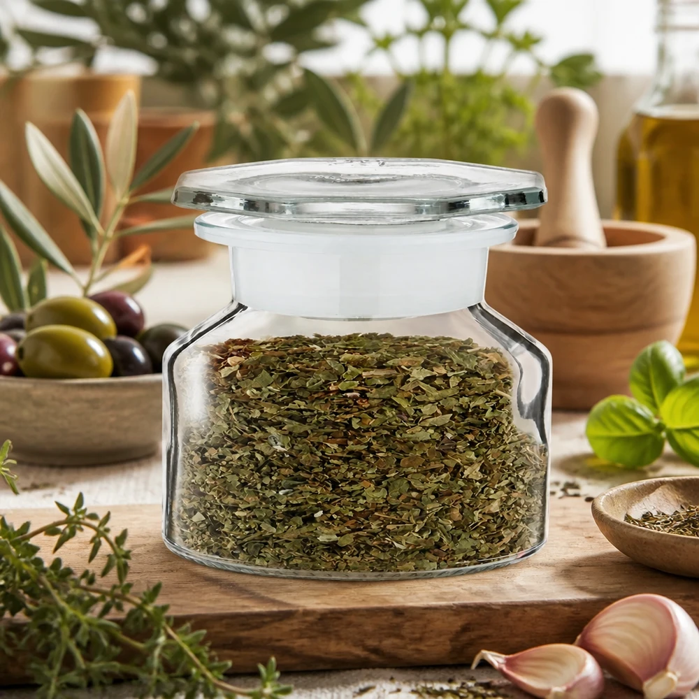 Idée de pot à épices : flacon à col large et conique 50 ml en verre clair + bouchon de verre Flacon à col large de 50 ml, posé à la verticale, pour conserver des épices sèches sur une planche en bois