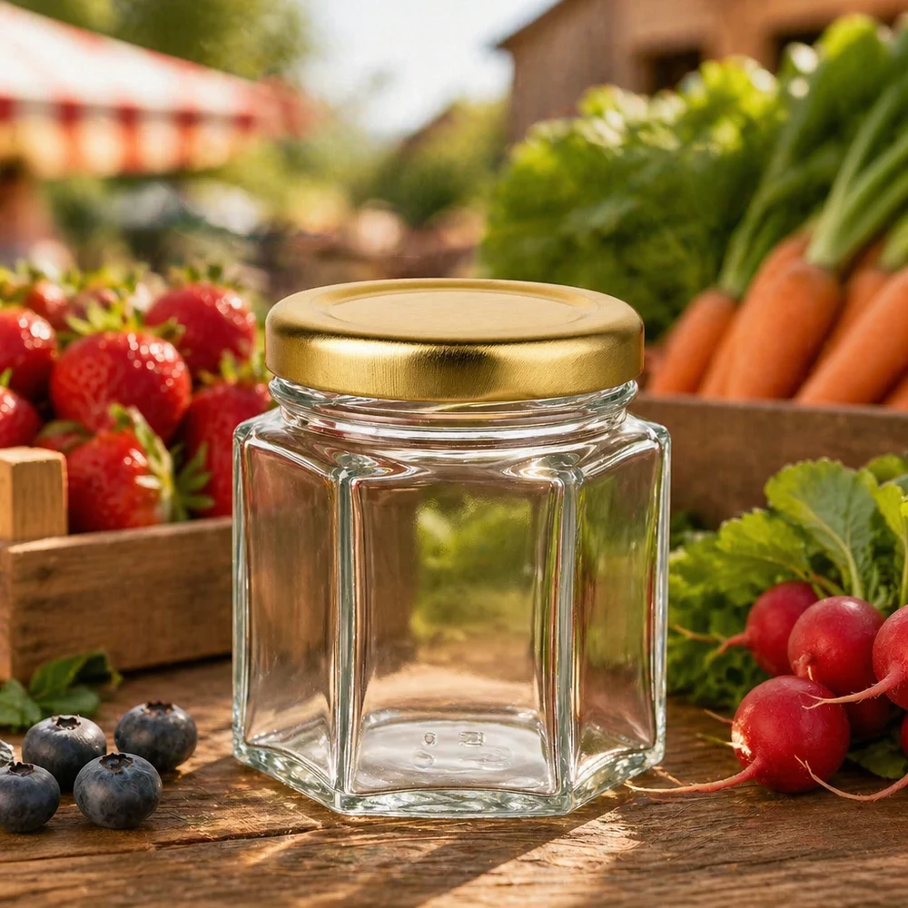 Pot de miel hexagonal de 60 g vide sur une table en bois parmi les légumes frais du marché, les fraises, les carottes et les radis.