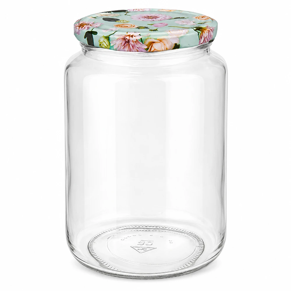 Pot rond de 795 ml + couvercle BasicSeal fleur menthe UNiTWIST Pot rond 795ml avec couvercle à fleurs menthe pour la mise en conserve et la conservation, pot en verre vide avec fermeture décorative