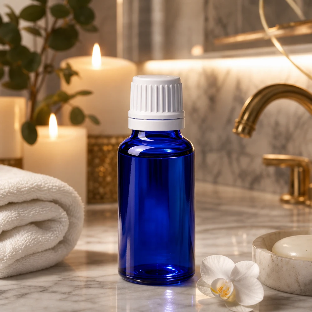 Flacon compte-gouttes de pharmacie de 20 ml, bleu cobalt, avec embout doseur de 0,7 mm pour cosmétiques naturels