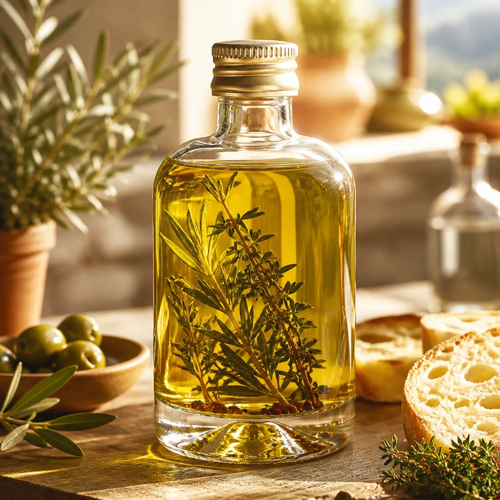 Bouteille en verre 40 ml « Sara » avec bouchon à vis doré UNiTWIST® Bouteille en verre Sara de 40 ml avec huile aux herbes et brindilles de romarin - bouchon doré UNiTWIST dans la cuisine méditerranéenne
