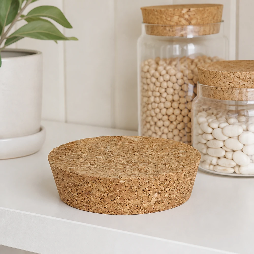 WECK RR80 Bouchon liège naturel dans cuisine blanche minimaliste avec bocaux à provisions Légumes secs haricots conservation moderne