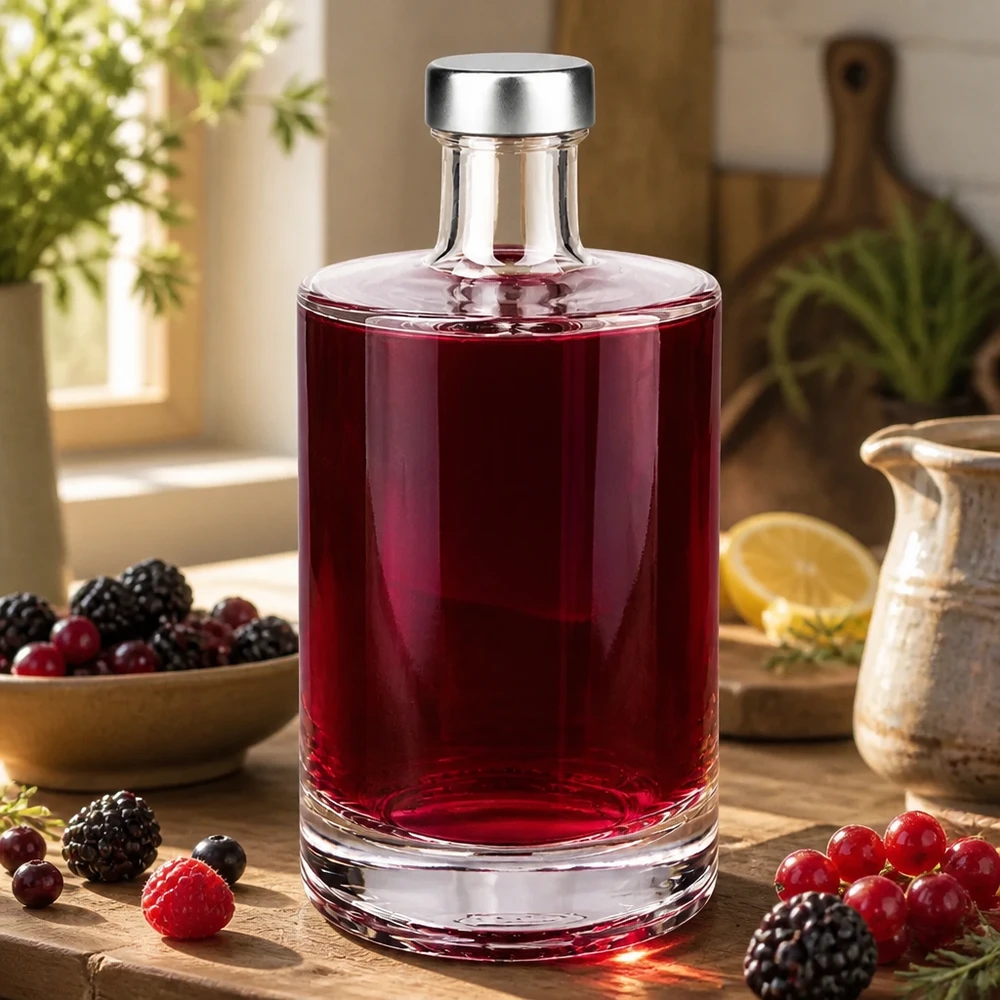 Bouteille en verre 500 ml « Sam » et bouchon à vis argenté UNiTWIST® 500ml Glasflasche Sam mit rotem Beerenlikör gefüllt zwischen Waldbeeren und Küchenutensilien natürliches Licht